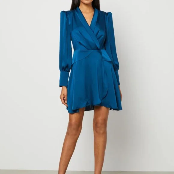BCBGMAXAZRIA Blue Satin Faux Wrap Dress
